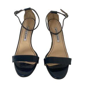 Manolo Blahnik Chaos Navy Blue Patent Leather Ankle Strap Sandals